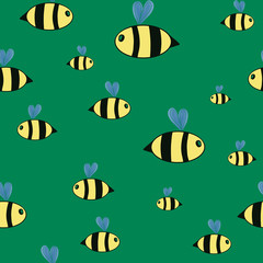 seamless pattern with funny cartoon flying bees on green background. Kids print. Stationery, packaging, wallpaper, textile design