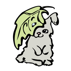 Cute bunny under the leaf. Vector illustration in cartoon style. Isolated on a white background.