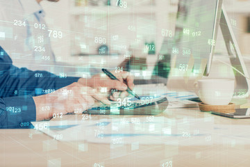 Double exposure of data internet theme hologram with man working on computer on background. Concept of innovation.