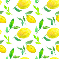 watercolor pattern with lemon, green leaves