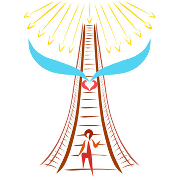 man ascends on a suspension bridge to a shining Heaven, the image of a cross with a bird
