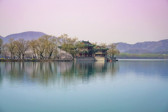 Jingming tower in the summer palace, Beijing, China. Spring of the West Bank of the Summer Palace in Beijing