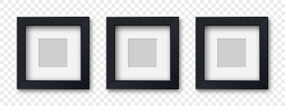 Mockup three realistic square picture or photo frame black color isolated on transparent background for your design. Vector illustration EPS10