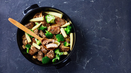 Roasted pork chunks with vegetables on a dish