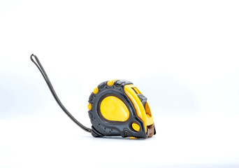 Yellow tape measure That has been used for a long time until rusting White background and isolated