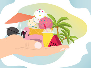 Hand holding sumer on palm, vector illustration. Ice cream with freshs beverage, sunglases and fresh fruits, as card symbolizing paradise and summer. Traveling and vacations concept, new places