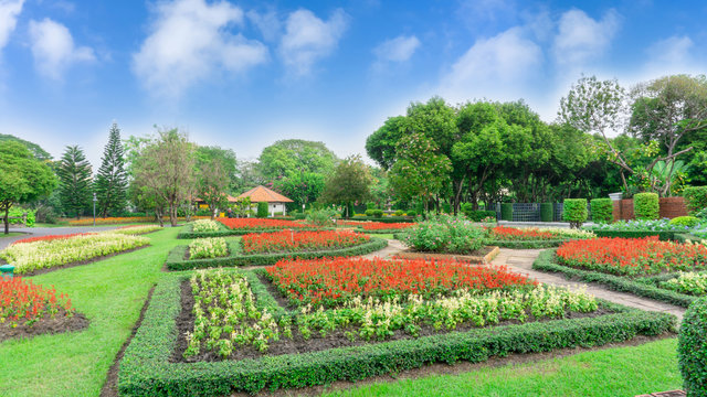 Garden with geometric shape of bush, decoration flowering plant blooming, green leaf of Philippine tea plant, greenery trees and gazabo under clouds blue sky, good care landscapes of a public park