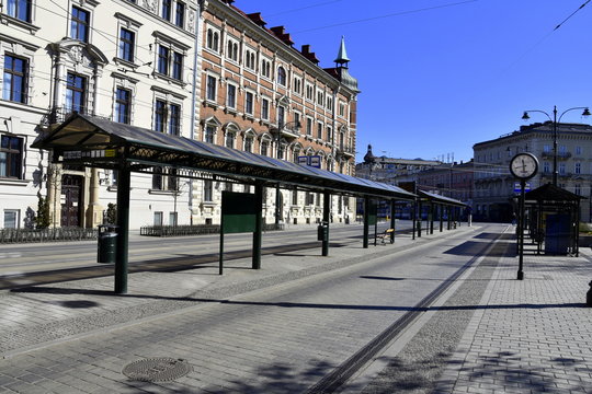 Empty streets in Krakow, quarantine related to the coronavirus epidemic