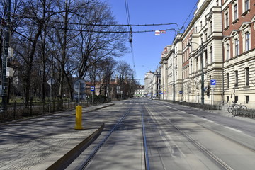 Fototapeta na wymiar Empty streets in Krakow, quarantine related to the coronavirus epidemic