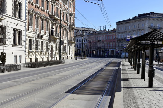 Empty streets in Krakow, quarantine related to the coronavirus epidemic