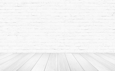 Vintage interior room with white wood floor and brick wall background