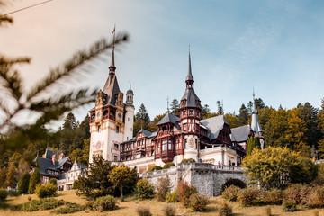 Fototapeta na wymiar One of the most iconic castel in Romania, Peles Castel, Sinaia. Summer time.