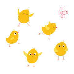 Set of cute little chickens. Cartoon vector hand drawn eps 10 illustration isolated on dark background in a flat style.