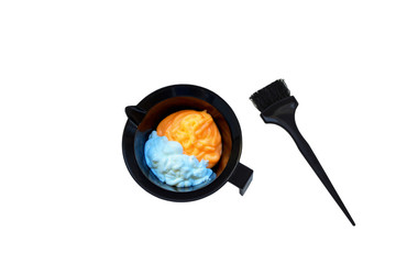 Mixing hair dye in a special plastic bowl. Concept is hair coloring. Isolated on white.