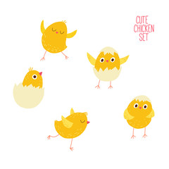 Easter chicks. Chicken coming out of egg. Cartoon vector hand drawn eps 10 illustration isolated on dark background in a flat style.