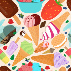 Food vector illustration, colorful, tasty and frozen sweet ice cream. Light summer food designed in cartoon. Pattern from different types in waffle cones, sandwiches or on stick with fresh fruits