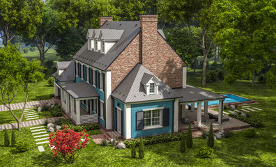 3d rendering of modern cozy classic house in colonial style with garage and pool for sale or rent with beautiful landscaping on background. Clear sunny summer day with blue sky.