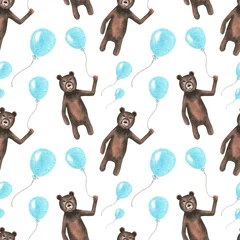 Tapeten Nahtloses Muster mit Ballons und Bären. Aquarell Freihandzeichnung. © e_petrart