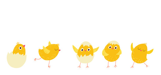 Easter chicks. Chicken coming out of egg. Cartoon vector hand drawn eps 10 illustration isolated on dark background in a flat style.