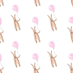 Tapeten Nettes nahtloses Muster. Kaninchen mit einem Ballon. Zarte handgezeichnete Aquarellillustration. © e_petrart