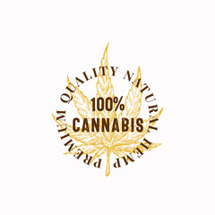 Premium Quality Natural Hemp Abstract Vector Sign, Symbol or Logo Template. Hand Drawn Green Cannabis Leaf Sketch Sillhouette with Retro Typography. Vintage Medicine Herb Emblem.