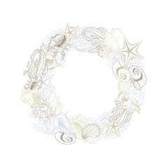 Seashells isolated vector round wreath. Marine algae and corals golden art line design for cosmetics package, wedding cards. Ocean sea shell, minerals label template. Gold foil circle wreath