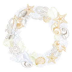 Seashells isolated raster round wreath. Marine algae and corals golden art line design for cosmetics package, wedding cards. Ocean sea shell, minerals label template. Gold foil circle wreath