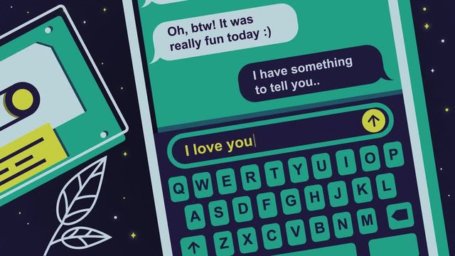 Close up of an abstract smartphone screen and chatting process, typing message I love you. Stock animation. Concept of hesitation, love, and exit from friend zone concept.