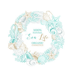 Seashells isolated vector round wreath. Marine algae and corals golden art line design for cosmetics package, wedding cards. Ocean sea shell, minerals label template. Gold foil circle wreath