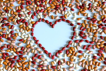 Phaseolus. Bright multi-colored beans are arranged in the shape of a heart. Background.