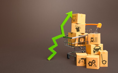 Shopping cart with boxes and green up arrow. Growth trade production, increased sales rate....