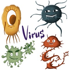 Set of different cartoon microbes and viruses.