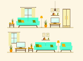 set with living room interiors, flat vector illustration of living room with furniture