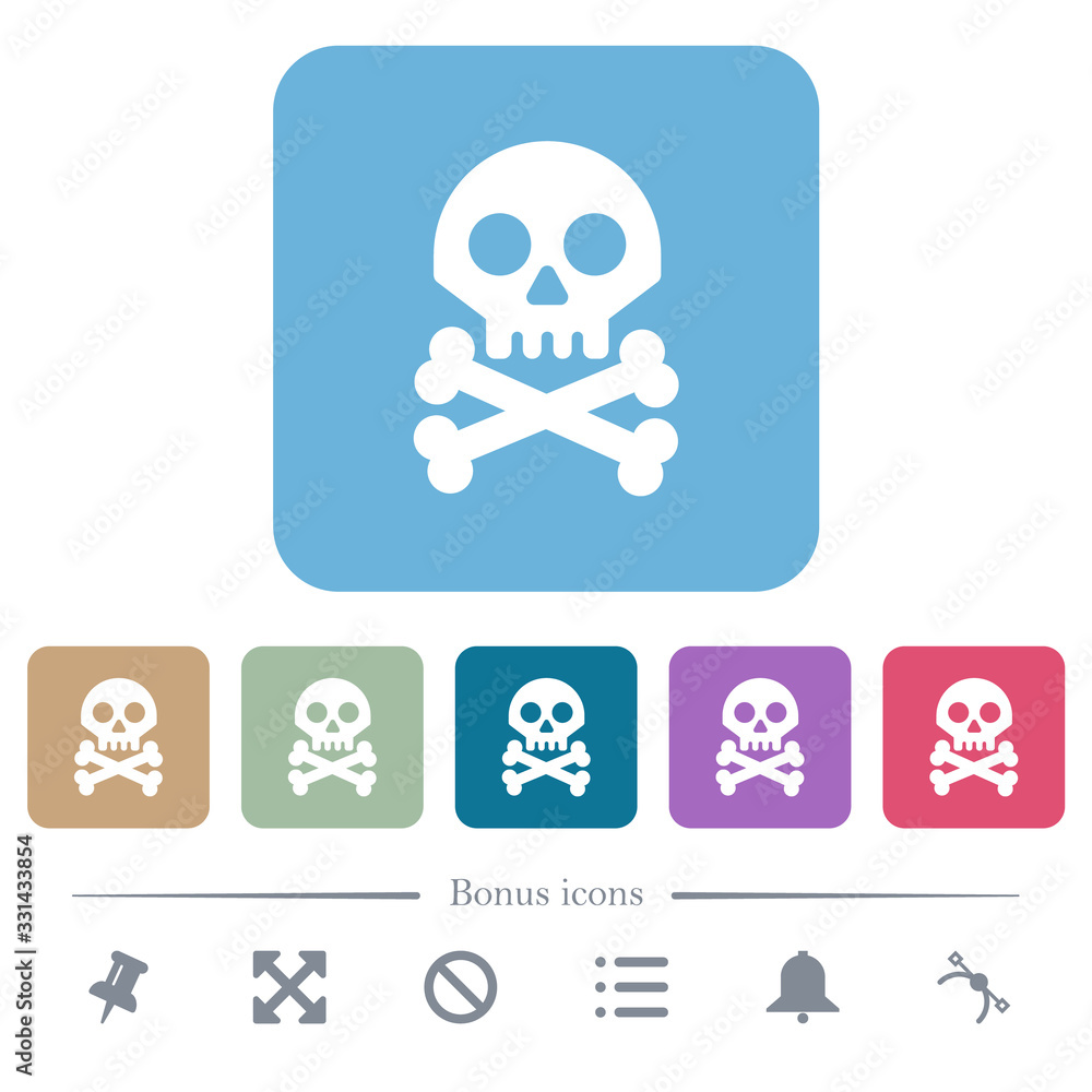 Poster skull with bones flat icons on color rounded square backgrounds