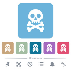 Skull with bones flat icons on color rounded square backgrounds