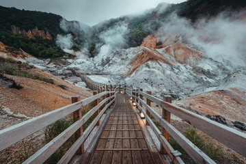 Wooden bridge in Hell Valley, Noboribetsu, Hokkaido, Japan