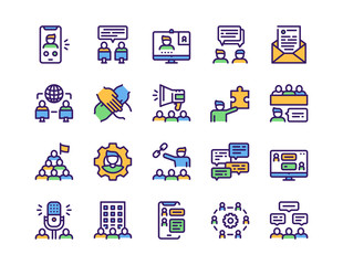 Set of teamwork related vector linear Icons. Communication concept.