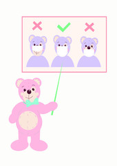 Naklejka premium Children's illustration: teddy bear shows how to wear a mask correctly.