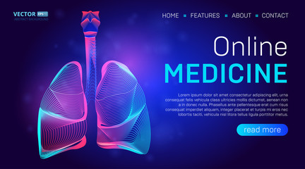Online medicine landing page background concept or hero banner design with human lungs vector illustration. Pulmonology healthcare website template for Pneumonia, Tuberculosis or Coronavirus therapy