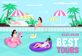 Obraz na płótnie Canvas Best tours poster flat vector template. Book tickets for summer vacation. Weekend at tropical resort. Brochure, booklet one page concept design with cartoon characters. Luxury hotel flyer, leaflet