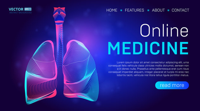 Online Medicine Landing Page Background Concept Or Hero Banner Design With Human Lungs Vector Illustration. Pulmonology Healthcare Website Template For Pneumonia, Tuberculosis Or Coronavirus Therapy