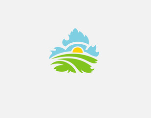 Bright logo icon nature field, sky and sun for your company