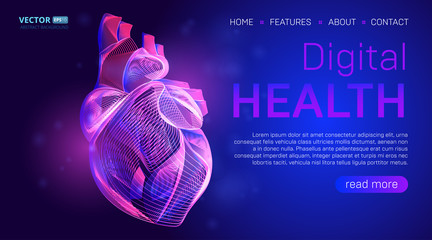 Digital health landing page background concept or hero banner design with human heart outline vector illustration. Medical healthcare website template for Cardiology learning or artery clot therapy