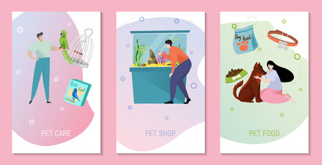 Set of banners with cute pets and male and female characters, vector illustration. Cards with text Pet Care, Pet food can be used for zoo and animal shops advertising.