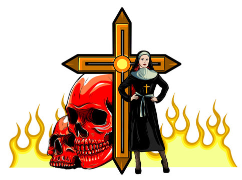 nun, skulls, cross, flames, black dress clip art preview