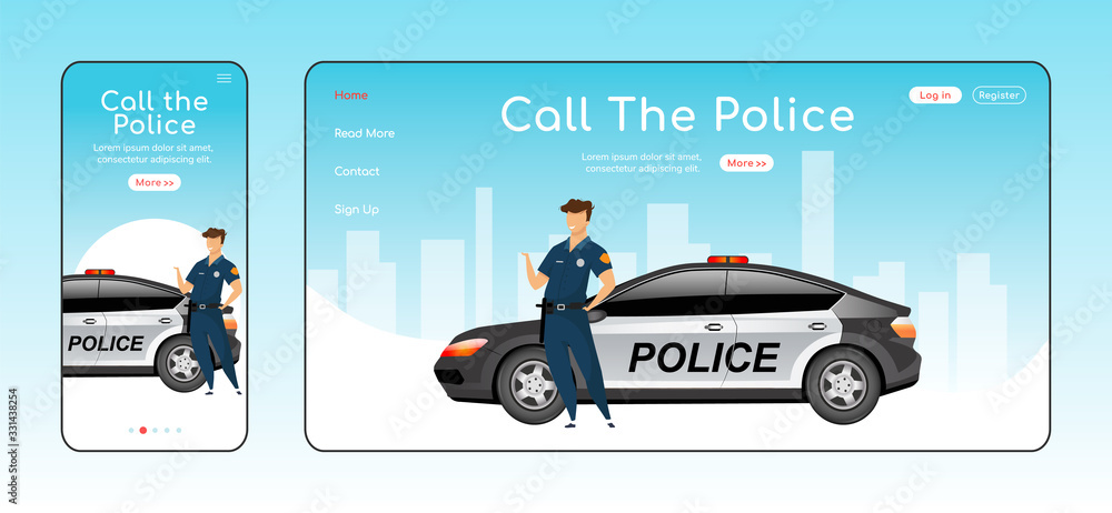 Aufkleber call police responsive landing page flat vector template. civil service homepage layout. one page we
