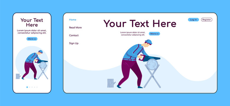 Carpentry adaptive landing page flat color vector template. Craftsman at work mobile and PC homepage layout. Repairman one page website UI. Home repairs webpage cross platform design