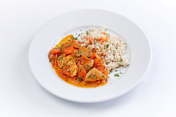 chicken wiht barley on the white background
