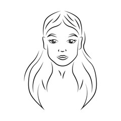 Young beautiful woman contour portrait vector illustration. Teenage smiling girl face with cheerful expression realistic line art. Lady with natural makeup outline character on white background