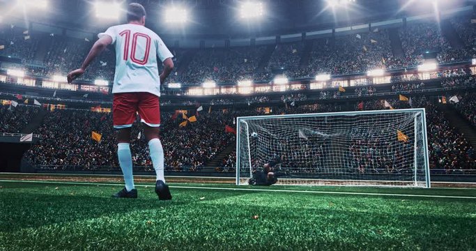 Soccer player performs a penalty kick on a professional stadium, with splashes and flames animation. Stadium and crowd are made in 3D.